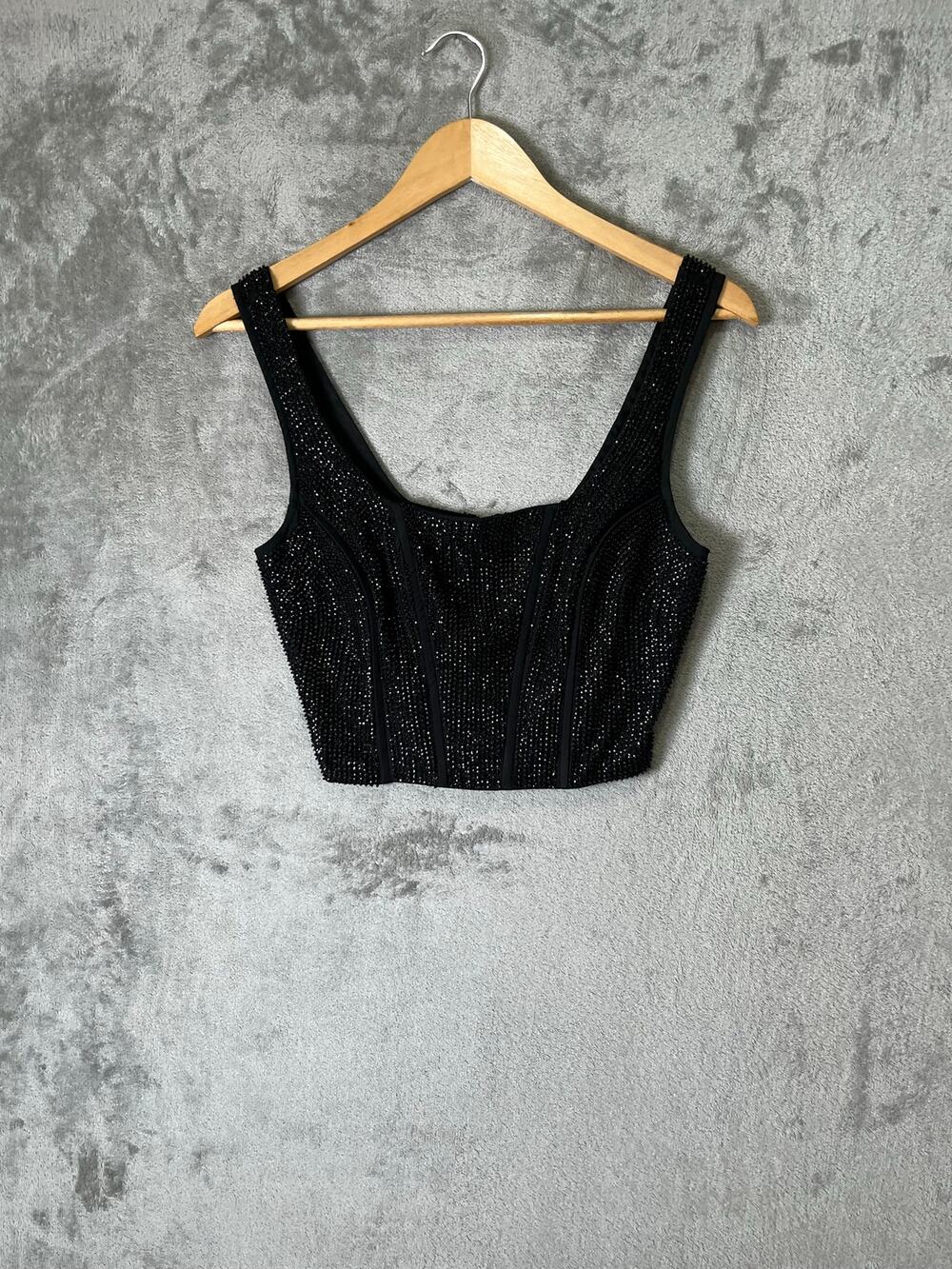FRAME Beaded Cropped Corset Top Black Women's Small Baddie Festival Rodeo Chic